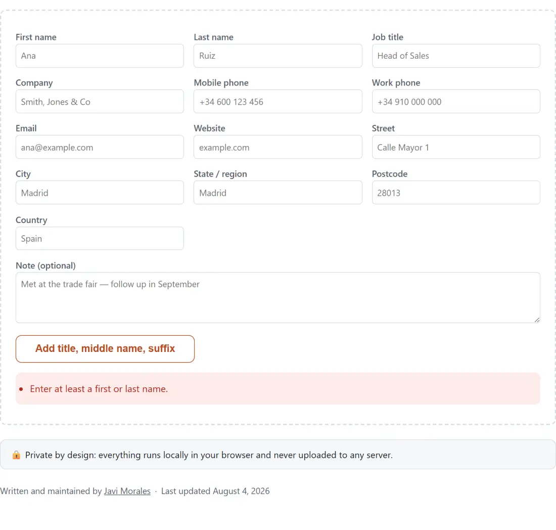 Screenshot of the vCard QR Code Generator tool with a full contact form - names, job title, company, mobile and work phone, email, website and a complete postal address - encoded into a scannable vCard QR code