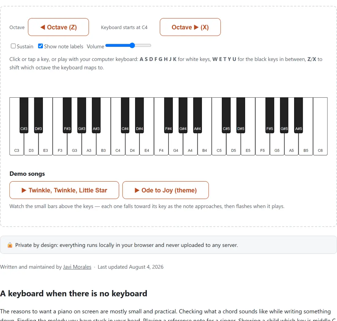 Screenshot of the Virtual Piano tool with a playable keyboard starting at C4, with octave shift controls, a sustain toggle, note labels and a volume slider, and the computer-keyboard mapping shown beneath it (A S D F G H J K for the white keys, W E T Y U for the black)
