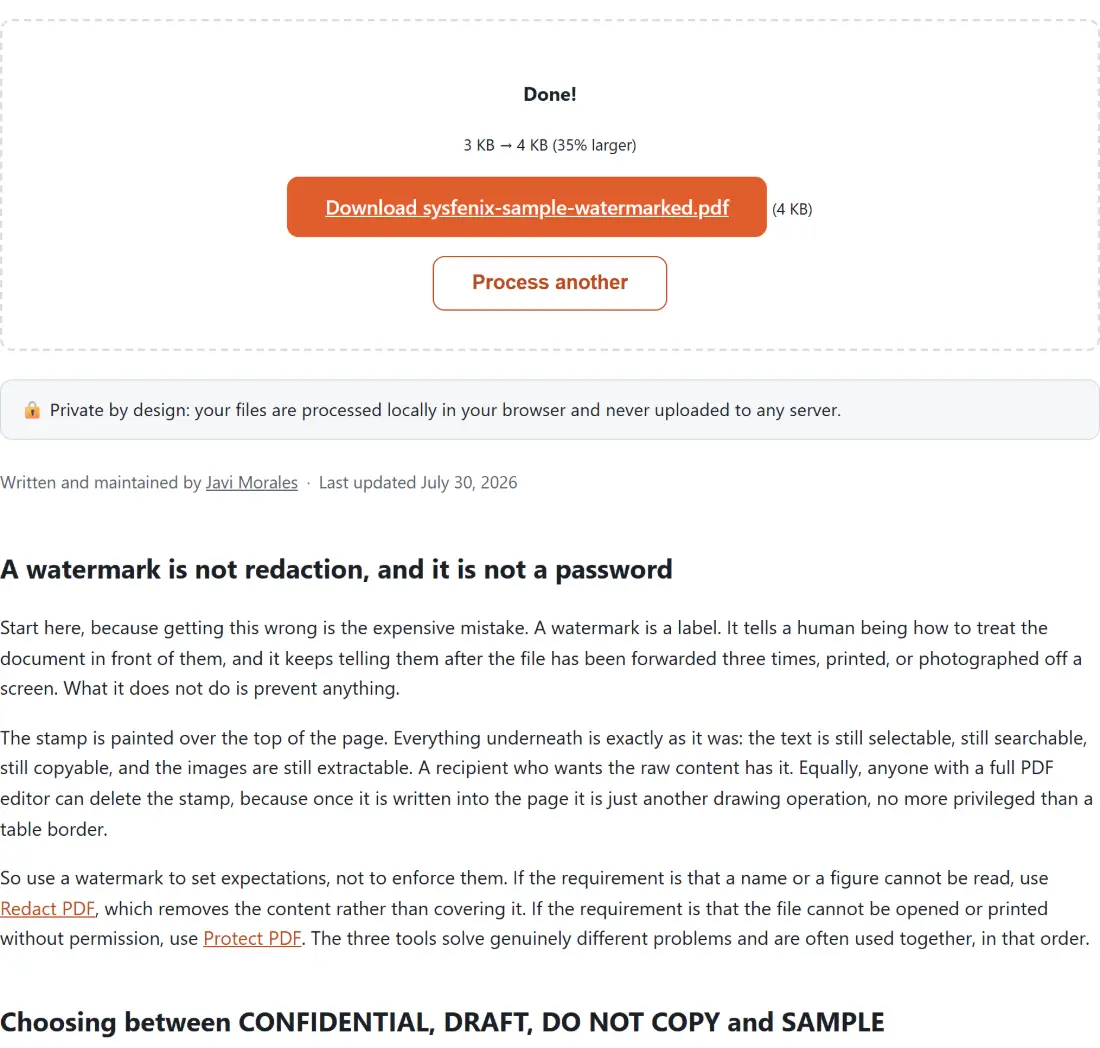 Screenshot of the Add Watermark to PDF result screen showing sysfenix-sample-watermarked.pdf ready to download (4 KB, 35% larger)
