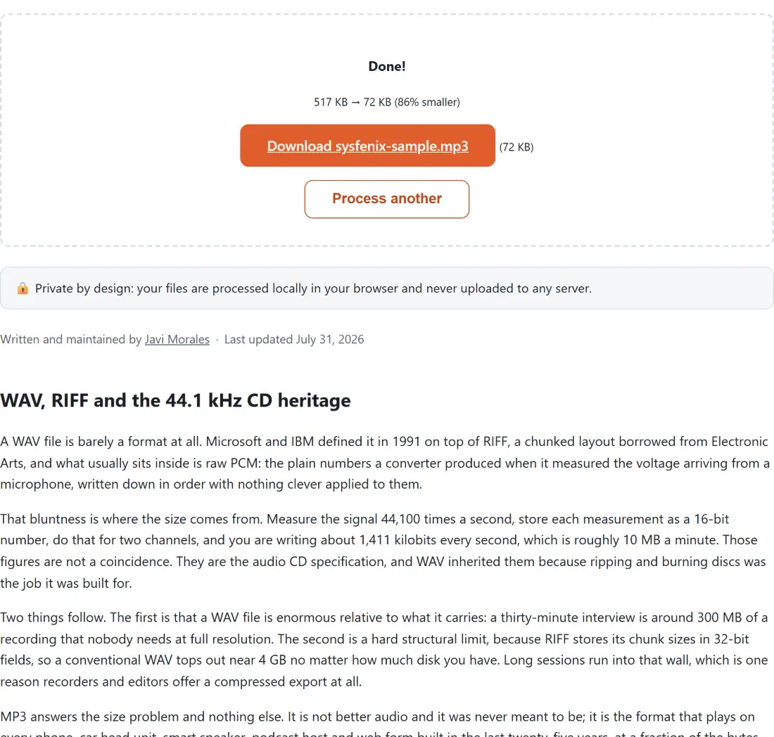 Screenshot of the Convert WAV to MP3 result screen showing sysfenix-sample.mp3 ready to download (72 KB, 86% smaller)