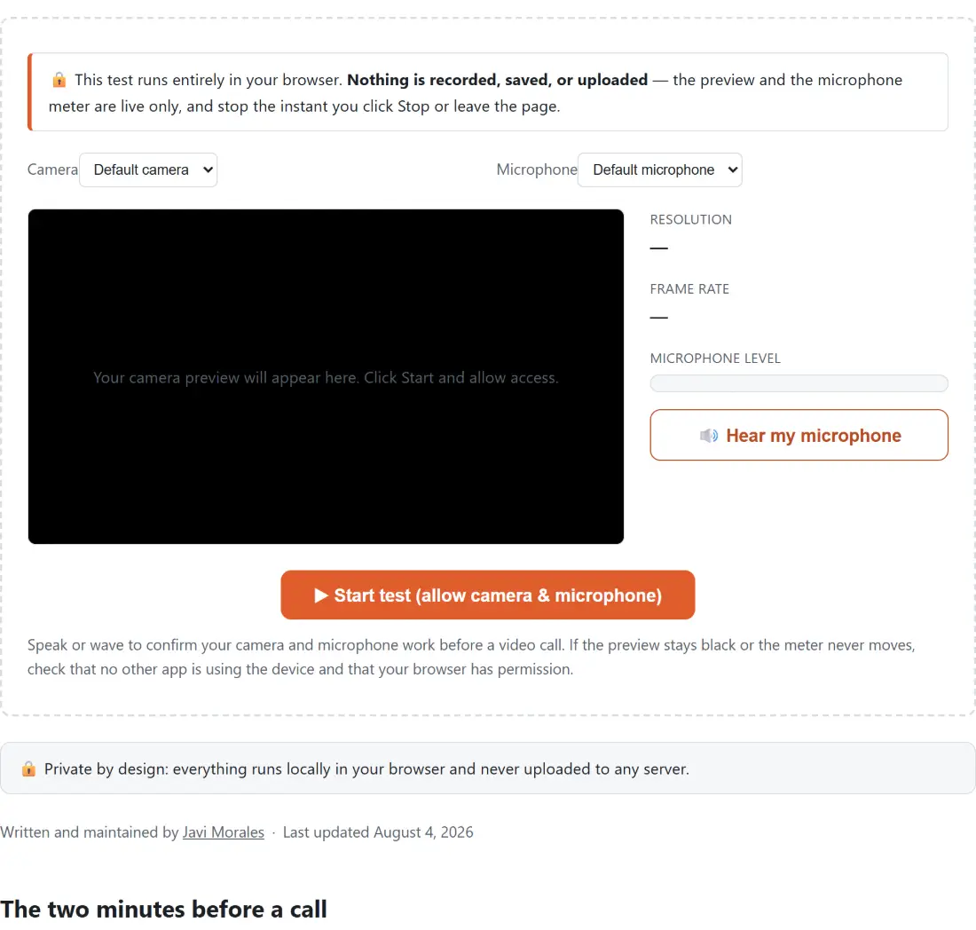 Screenshot of the Webcam and Microphone Test tool with a camera and microphone check stating its terms first - the preview and the level meter are live only, nothing is recorded, saved or uploaded, and both stop the instant you stop them