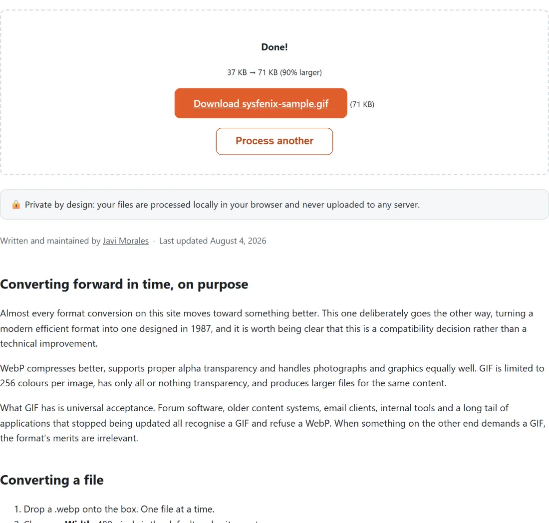 Screenshot of the Convert WebP to GIF result screen showing sysfenix-sample.gif ready to download (71 KB, 90% larger)