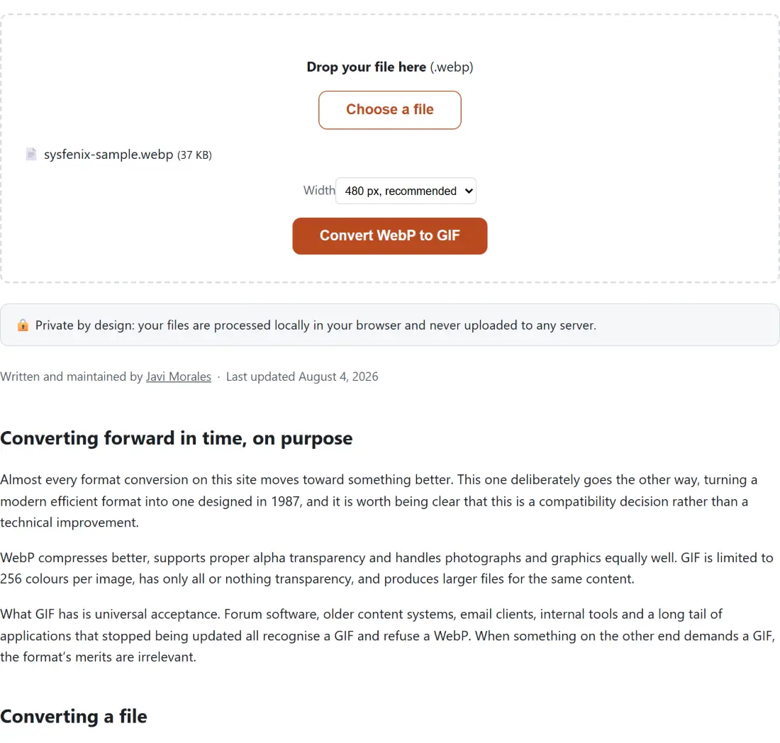 Screenshot of the Convert WebP to GIF tool with sysfenix-sample.webp (37 KB) loaded, Width set to 480 px, recommended