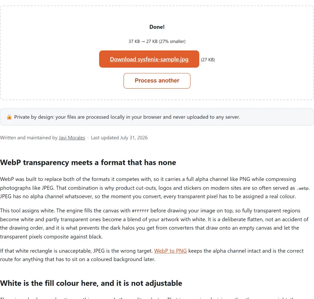 Screenshot of the Convert WebP to JPG result screen showing sysfenix-sample.jpg ready to download (27 KB, 27% smaller)
