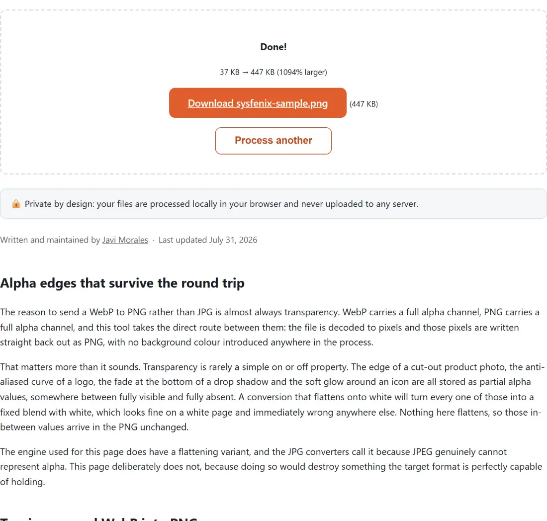 Screenshot of the Convert WebP to PNG result screen showing sysfenix-sample.png ready to download (447 KB, 1094% larger)