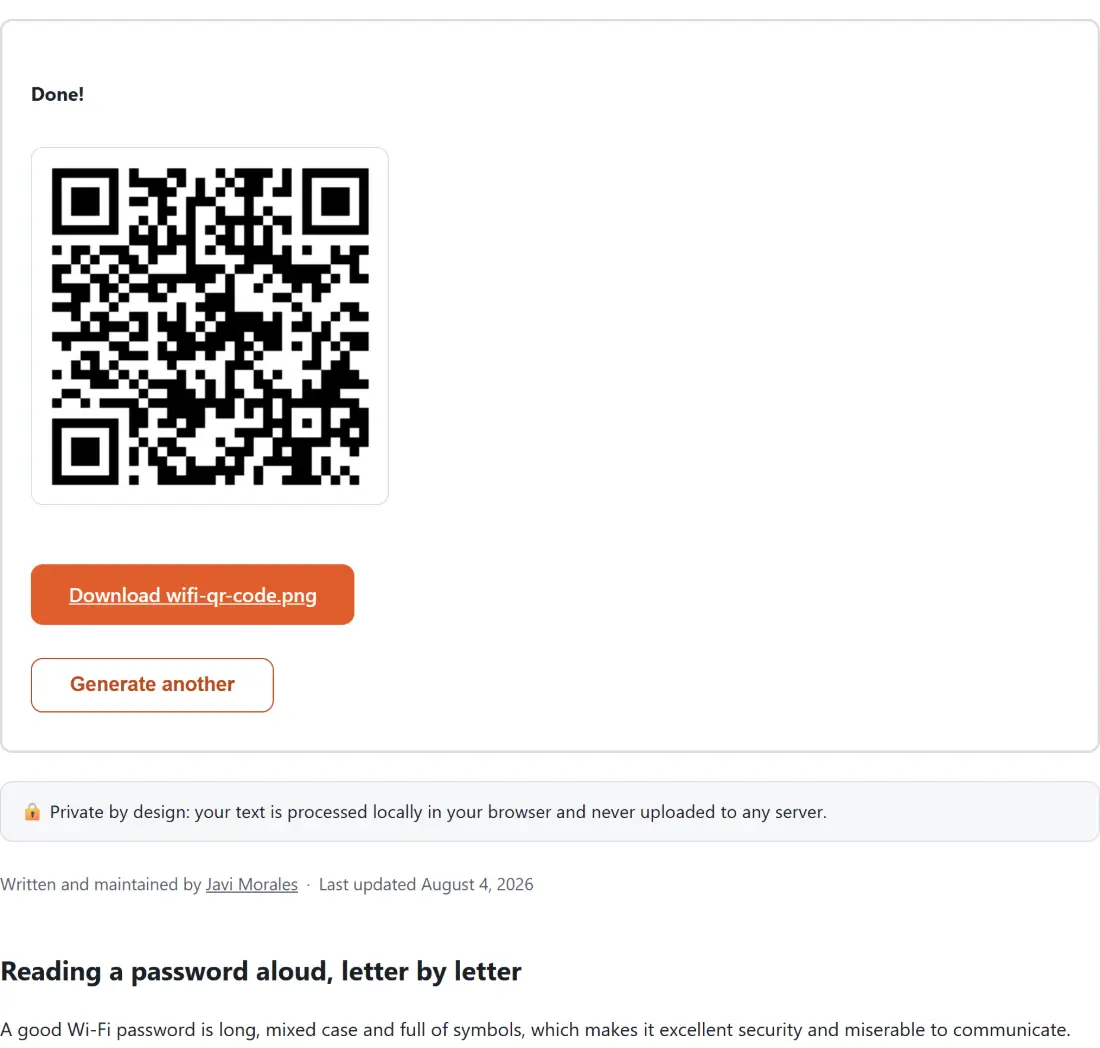 Screenshot of the WiFi QR Code Generator result screen showing wifi-qr-code.png ready to download (5 KB)