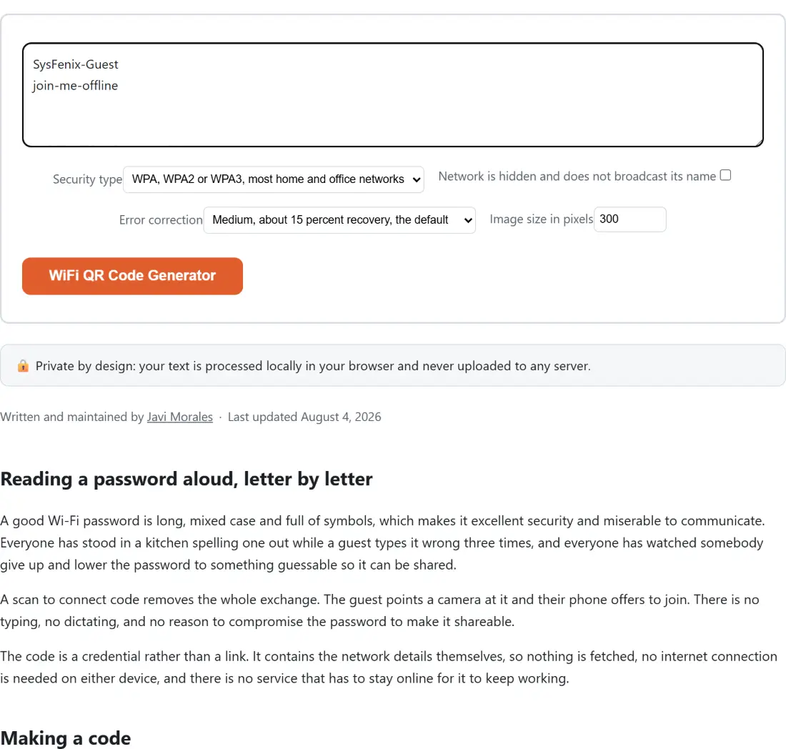 Screenshot of the WiFi QR Code Generator tool with the sample input “SysFenix-Guest join-me-offline”, Security type set to WPA, WPA2 or WPA3, most home and office networks, Network is hidden and does not broadcast its name set to off