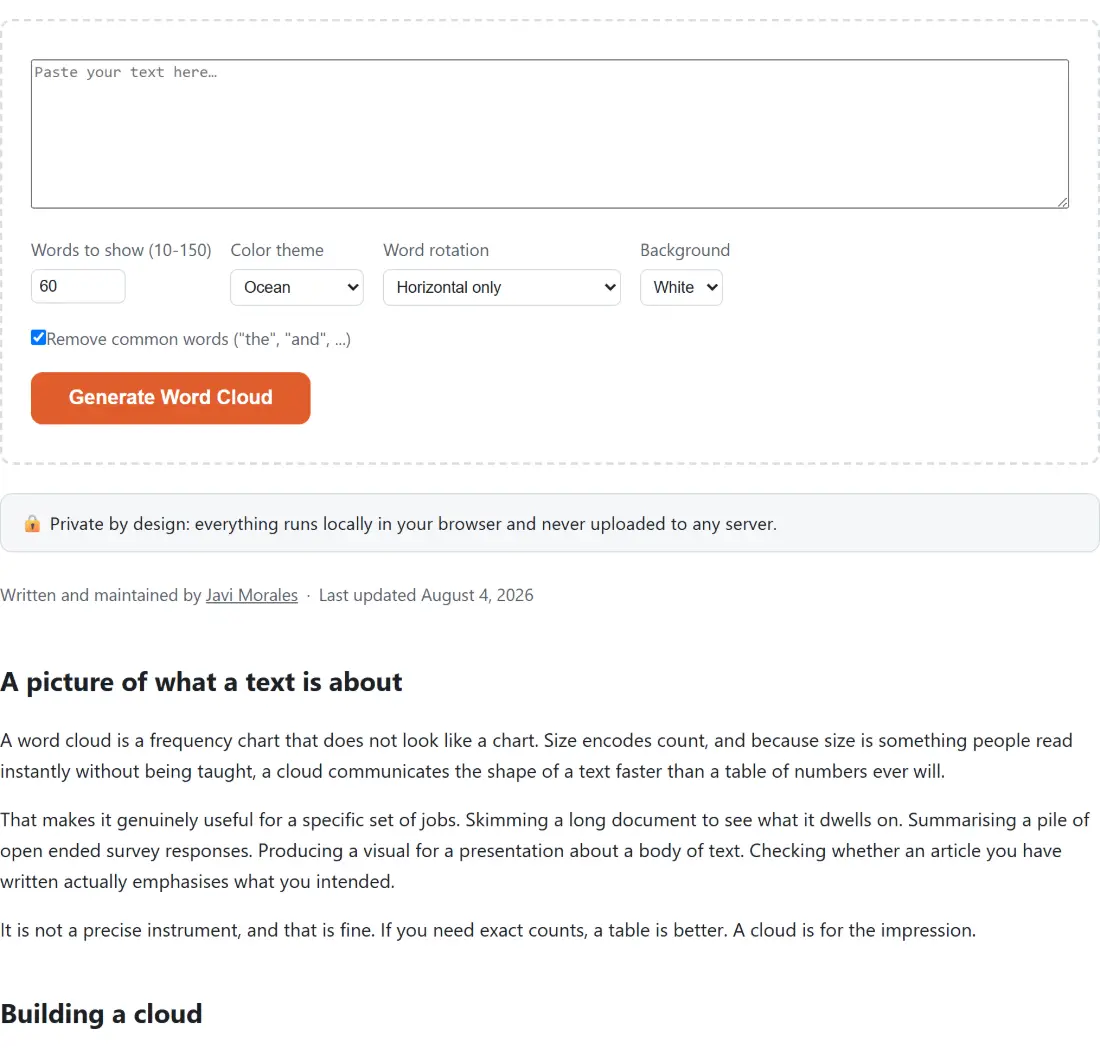 Screenshot of the Word Cloud Generator tool with a word cloud built from pasted text showing 10 to 150 words, with Ocean, Sunset, Forest, Berry or Monochrome colour themes, horizontal-only or mixed word rotation, and a background choice