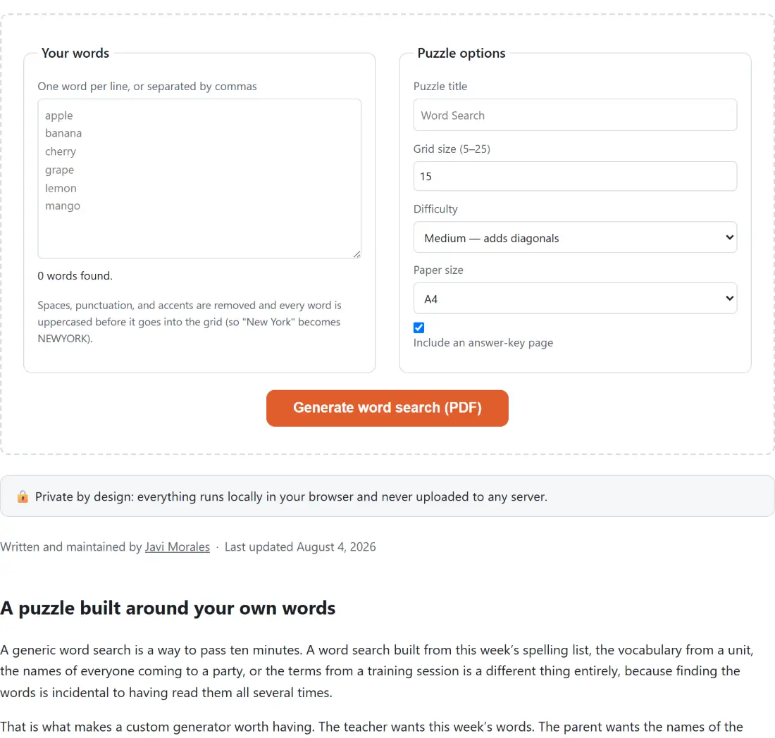 Screenshot of the Word Search Maker tool with a word list entered one per line, with the normalisation stated plainly - spaces, punctuation and accents are stripped and every word is uppercased before it goes into the grid