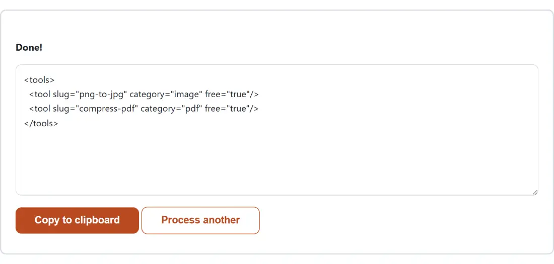 Screenshot of the XML Formatter & Validator result screen showing the generated output “<tools> <tool slug="png-to-jpg" category="image"…”