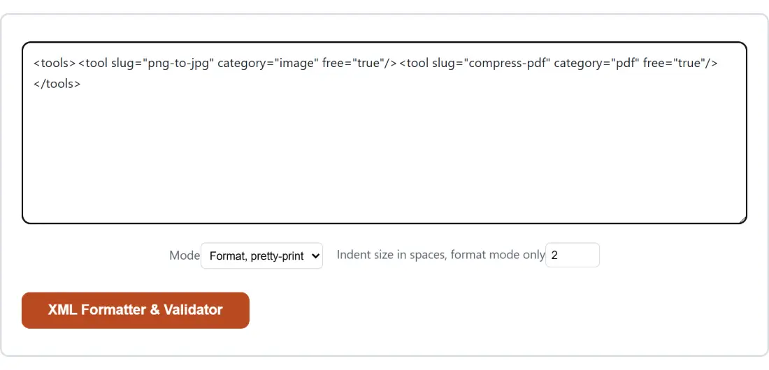 Screenshot of the XML Formatter & Validator tool with the sample input “<tools><tool slug="png-to-jpg" category="image" …”, Mode set to Format, pretty-print, Indent size in spaces, format mode only set to 2