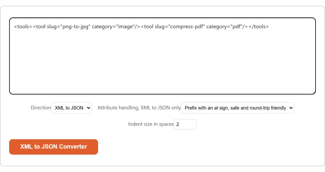 Screenshot of the XML to JSON Converter tool with the sample input “<tools><tool slug="png-to-jpg" category="image"/…”, Direction set to XML to JSON, Attribute handling, XML to JSON only set to Prefix with an at sign, safe and round-trip friendly